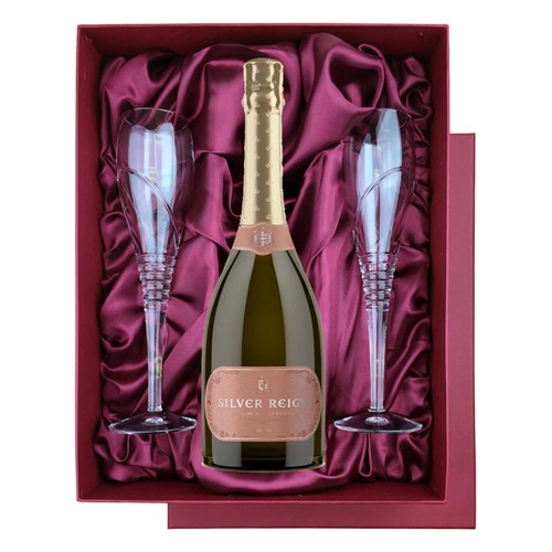 Silver Reign Rose English Sparkling 75cl in Red Luxury Presentation Set With Flutes